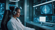 female scientist sad in headphones in futuristic laboratory