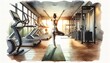 The image captures a woman in a yoga pose inside a sunlit gym, exuding tranquility and balance.