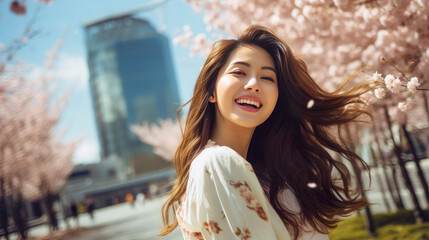 Wall Mural - Modern happy young smiling Asian woman girl on the background of blooming pink cherry trees and metropolis city.