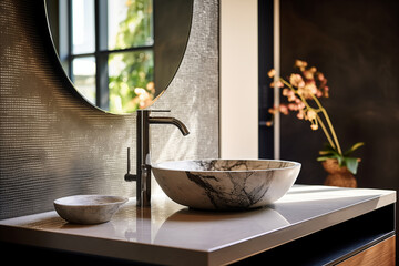 Wall Mural - Close-up of Stone vessel sink with mirror in a modern bathroom, art deco style, natural luxury decoration