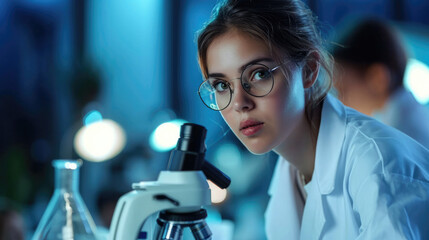 Wall Mural - a girl in a white coat and glasses works with a microscope in a virus research laboratory