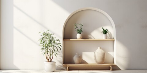 Sticker - Vintage-style white arch niche wall decor, with a ceramic vase of dry plant and retro home furniture, adds stylish minimalism to the living room.