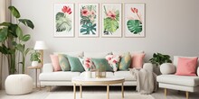 Stylish Living Room Decor With Poster Frame, White Sofa, Armchair, Lamp, Flowers, Plants, And Personal Accessories.