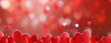 Romantic Valentine's Day Background With Copy Space For Text. Red Decorative Hearts Frame On Red Background With Bokeh