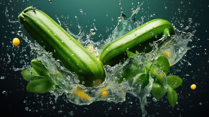 Wall Mural - Smooth Fresh organic raw green zucchini courgette baby marrow Vegetables falling into water and splashes