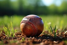 A Lone Baseball Rests On The Vibrant Green Grass, Patiently Waiting To Be Picked Up And Thrown In The Midst Of An Exhilarating Outdoor Ball Game On The Sprawling Field
