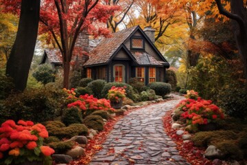 Poster - A serene small house harmoniously embraced by the vibrant flora surrounding it, A pathway lined with fall colored trees leading to a charming cottage, AI Generated