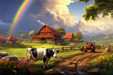 An Enchanting Painting Capturing A Farm Scene Featuring A Cow And A Tractor Amidst Picturesque Surroundings, A Peaceful Farm Scene With Cows Grazing Under A Rainbow, AI Generated