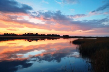 Sticker - beauty of a serene sunset over a calm body of water, with wisps of clouds creating a picturesque scene, A peaceful marsh at dusk with reflections of the sky in still water, AI Generated