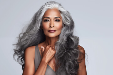 Wall Mural - Gorgeous senior older Indian woman with long silver hair and natural makeup touching her face