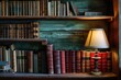Classic bookshelf filled with various books and a reading lamp