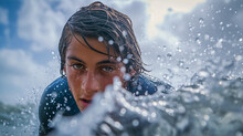Young Surfer Wiping Out, Intense Expression, Splashing Water Frozen In Time