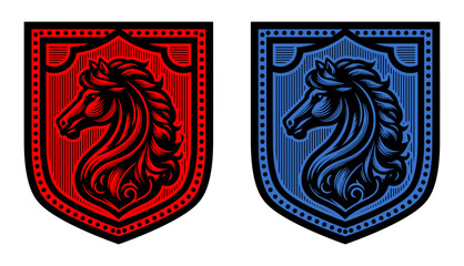 Wall Mural - horse logo - stallion on shield (red, blue)