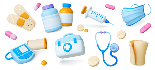 3d medical icons. Isolated hospital ambulance tools, pills and drugs. Plasticine medicine and pharmacy elements, pithy vector realistic set