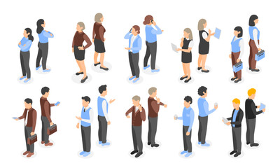 Wall Mural - Isometric isolated office people. Business characters with gadgets, managers and administrator. Man talk and drink coffee, look on watch flawless vector set