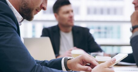 Sticker - Businessman, tablet and hands in meeting for social media, communication or networking at office. Closeup of happy man or employee working on technology for online search or research at workplace