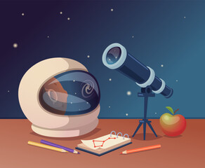 Wall Mural - exploring universe. telescope and astronaut helmet
