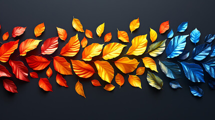 Wall Mural - Colorful outdoor leaves spread out in large groups on black background, neon and fluorescent style. - autumn tree leaves