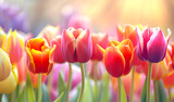 Fototapeta Tulipany - Abstract spring background of tulips with boldly colored flowers. Copy space