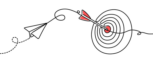 target and arrow with paper plane one line illustration. No background. 