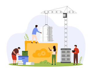 Wall Mural - office organization of document flow. tiny people loading stack of paper pages into folder with cons