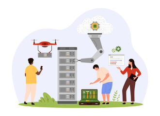 Wall Mural - cloud infrastructure for digital data storage and backup. tiny people, cloud computer and smart dron