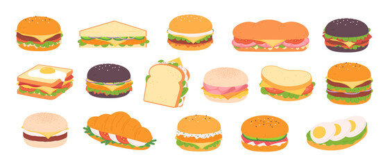 Wall Mural - Different sandwiches and burgers. Fast food tasty elements, bar r restaurant menu. Sandwich with bacon, cheese, sauce and vegetables, racy vector set