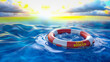 Rettungsring rund treibt im Meer nach stürmischem Wetter bei Sonnenuntergang - Live Rescue