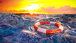 Rettungsring rund treibt in stürmischer See bei Sonnenuntergang - Live Rescue