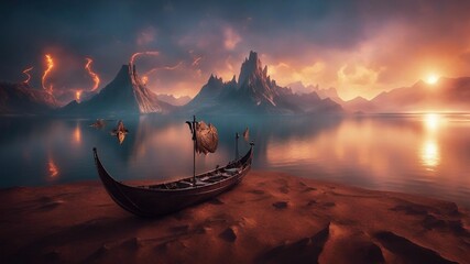 Wall Mural - A fantasy beach with a flying boat and a dragon at a lake of fire, with volcanoes, wizards, 