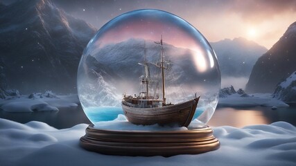 Wall Mural - highly intricately detailed photograph of small boat on fjord inside a snow globe