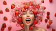 Sinnliches dynamisches Portrait einer Frau mit rosa Haaren und Erdbeeren. Illustration mit rosa Hintergrund