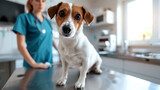 Fototapeta  - Cute Jack Russell terrier dog sitting on a table in a veterinary clinic. Puppy with female vet doctor in a cabinet