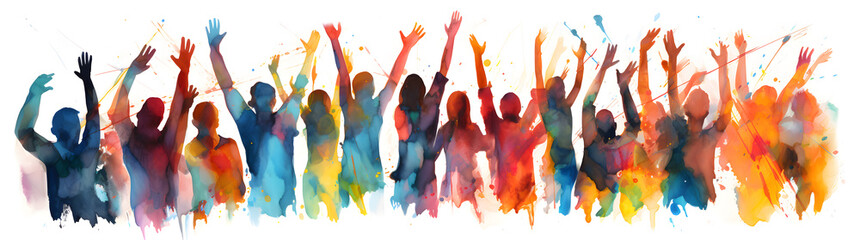 Wall Mural - Silhouettes of people with hands up, colorful watercolor style