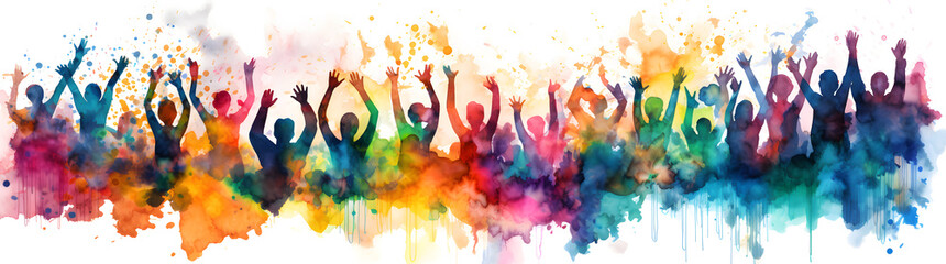 Wall Mural - Silhouettes of people with hands up, colorful watercolor style