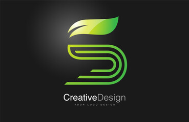Wall Mural - s letter logo design icon. creative s letter with green leaf and monogram lines