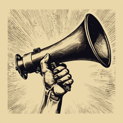 Vintage megaphone engraving. Retro bullhorn in hand, loudspeaker announcement advertisement concept, megaphon speaker sketch