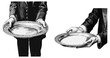 Waiters hands with trays vintage style engraving. Waiter in tuxedo serving empty tray retro ething vector illustration