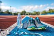 A pair of running shoes on a track field With a stopwatch and a water bottle