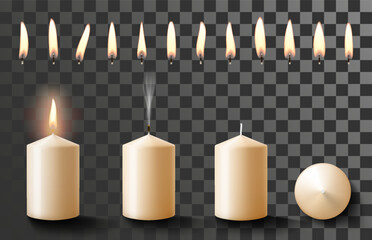 Set of realistic cylindrical scented candles and fire flames with wick isolated on transparent background. Realistic burning candles for animation. 3D vector illustration. Model