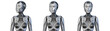 Futuristic robot woman or detailed humanoid lady looking around. Front view of the upper body isolated on transparent background.  Set of three poses. 3d rendering