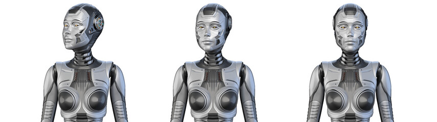 Sticker - Futuristic robot woman or detailed humanoid lady looking around. Front view of the upper body isolated on transparent background.  Set of three poses. 3d rendering