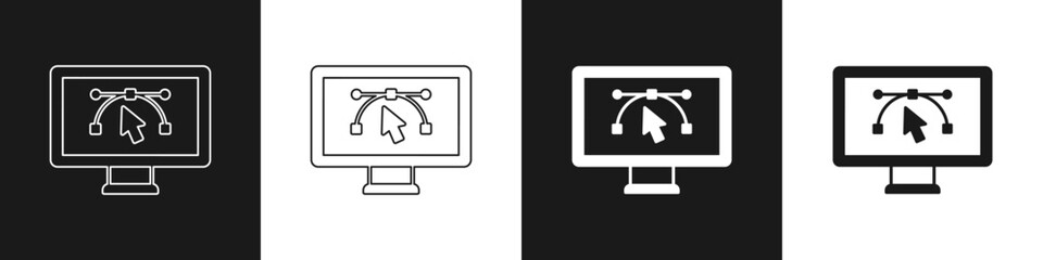 Set Computer display with vector design program icon isolated on isolated on black and white background. Photo editor software with user interface. Vector