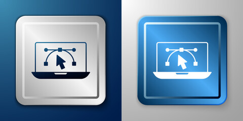 White Computer display with vector design program icon isolated on isolated on blue and grey background. Photo editor software with user interface. Silver and blue square button. Vector