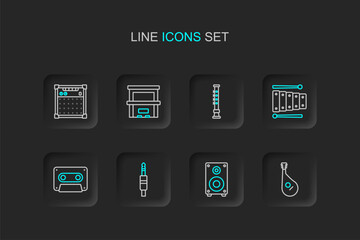 Sticker - Set line Bandura, Stereo speaker, Audio jack, Retro audio cassette tape, Xylophone, Flute, Piano and Guitar amplifier icon. Vector