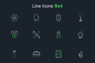 Poster - Set line Golf bag with clubs, Football field, Bicycle helmet, Punching, boxing gloves, Badminton shuttlecock, Crossed baseball bat and Medal icon. Vector