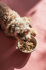 Wall Mural - funny brown curly haired maltipoo dog eats dry food from a bowl