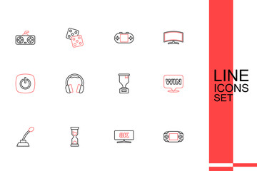 Wall Mural - Set line Portable video game console, Computer monitor, Old hourglass, Microphone, Medal, Award cup, Headphones and Power button icon. Vector