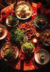 Wall Mural - asian oriental cuisine with different dishes on the red table