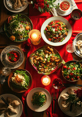 Wall Mural - asian oriental cuisine with different dishes on the red table